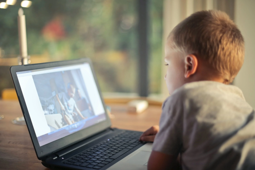 Boy watches a video on a laptop