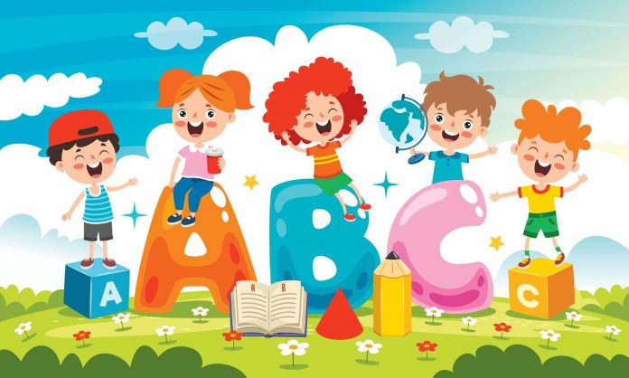 Illustration of kids and alphabets