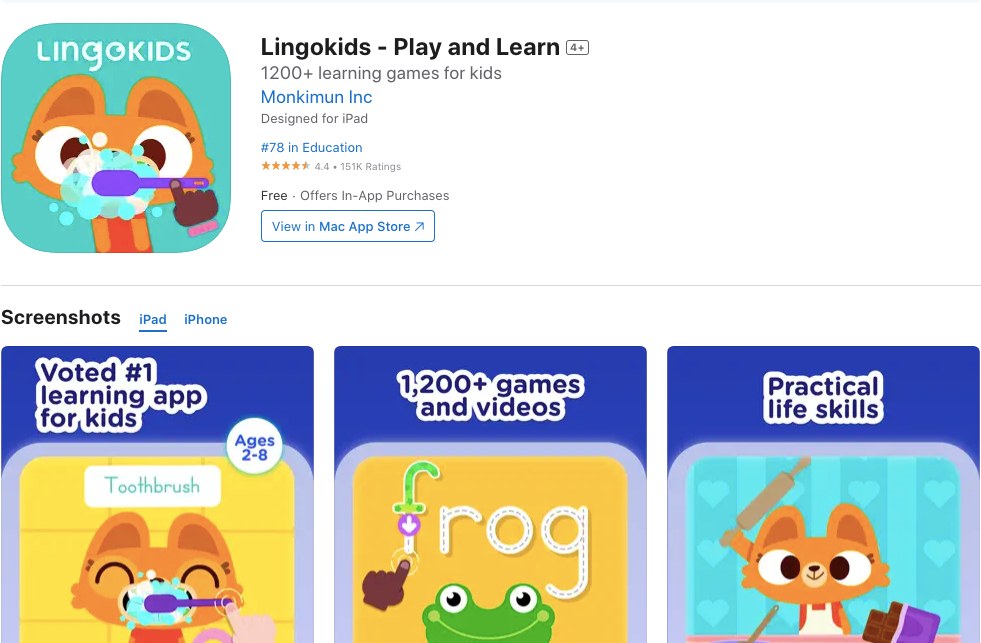 Appstore page of LingoKids