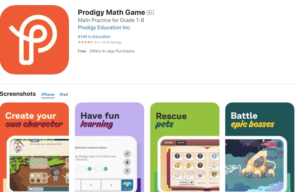 Appstore page of Prodigy