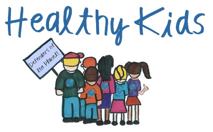 Healthy kids written with kids standing