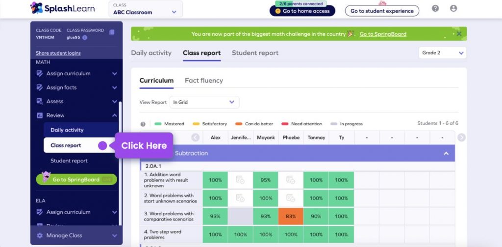 Splashlearn progress tracking screenshot