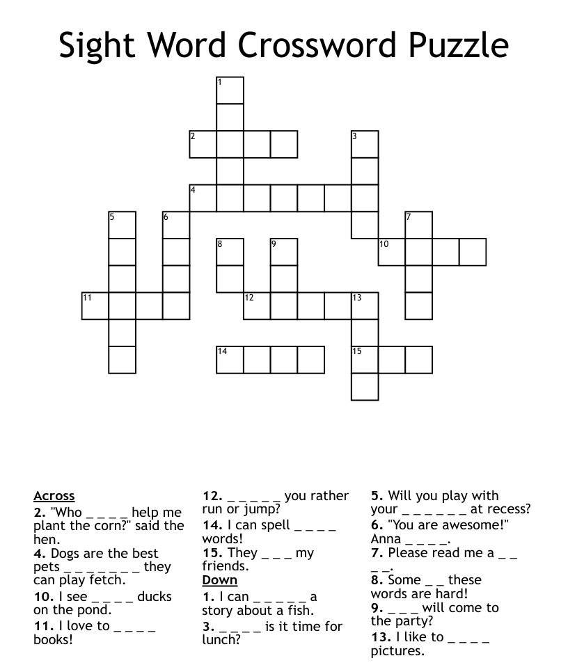 Sight words crossword puzzle