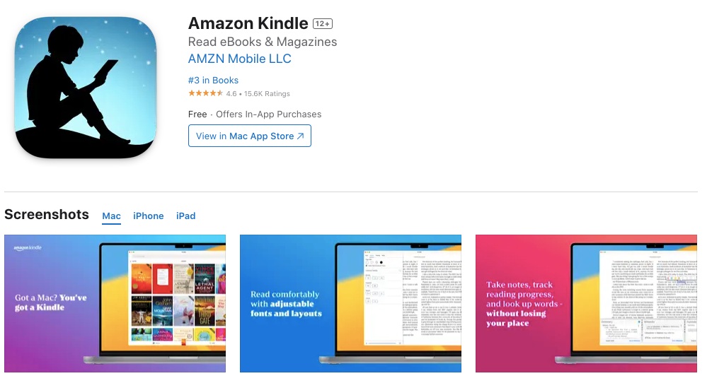 App store page of Kindle