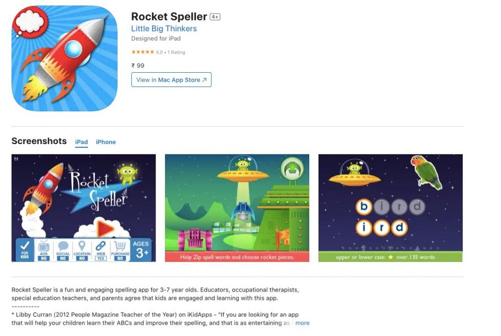 App store page of Rocket Speller