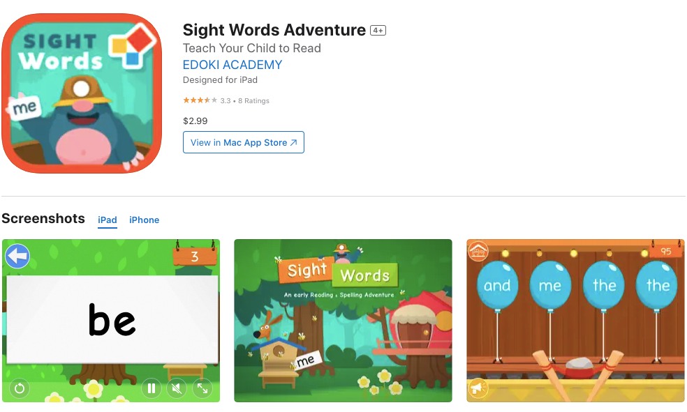 App store page of Sight Words Adventure
