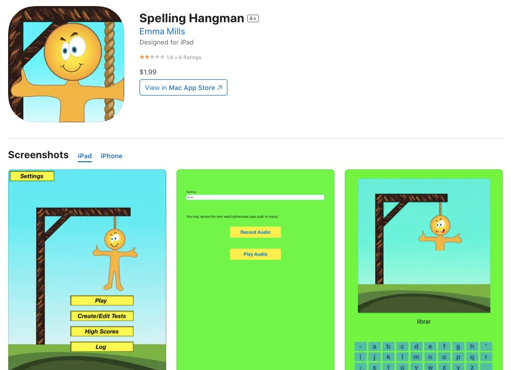 App store page of Spelling Hangman