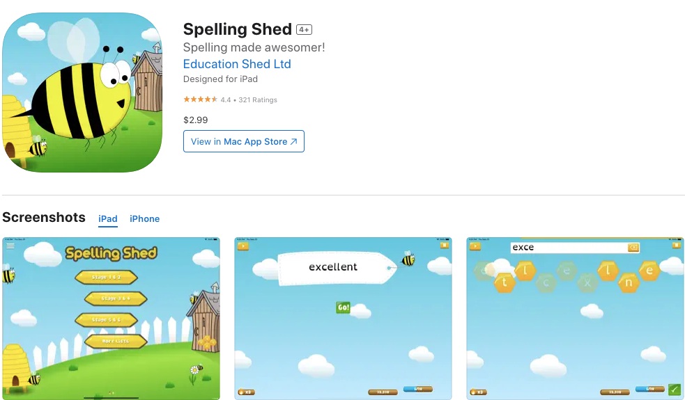App store page of Spelling Shed