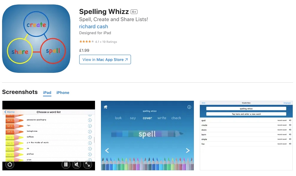 App store page of Spelling Whizz