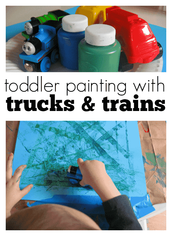 Image of toddler painting with trucks trains toys