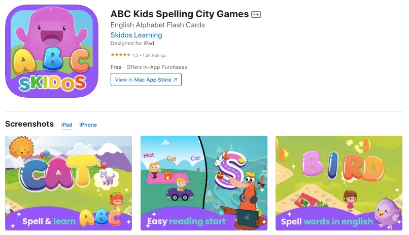 ABC kids spelling city games app screenshot