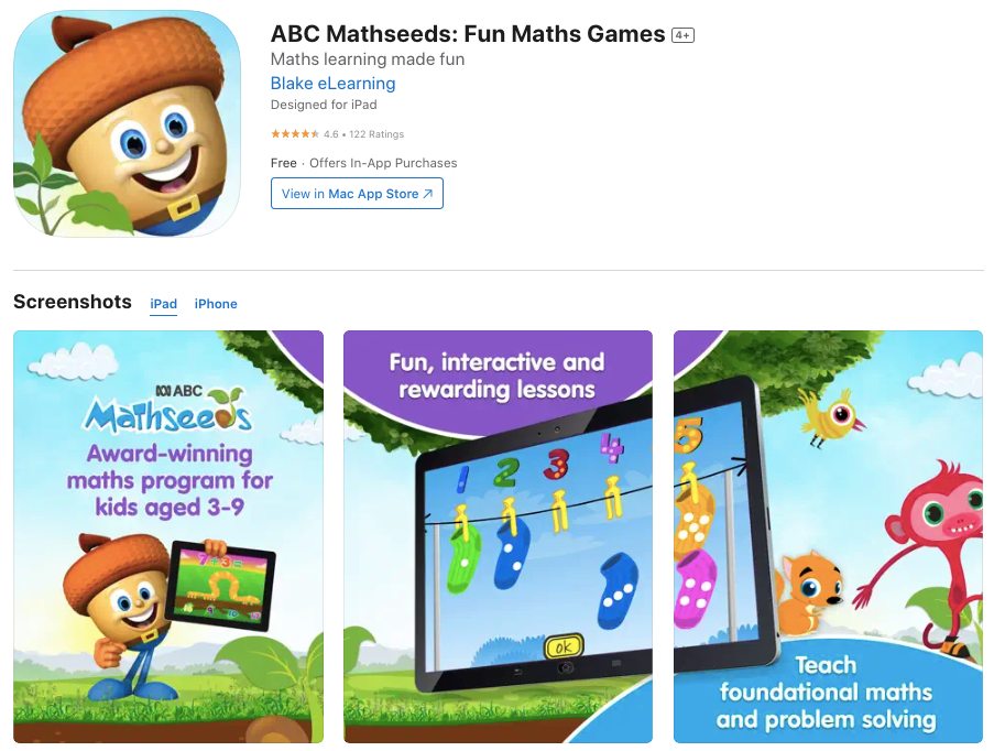 App store page of ABC MathSeeds