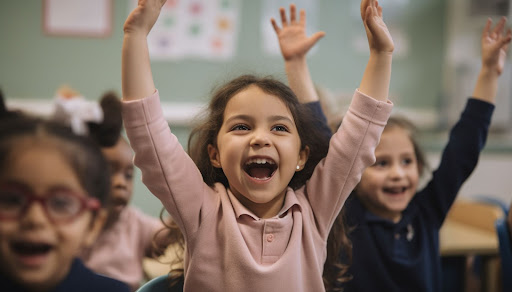 little girl cheering in the classroom