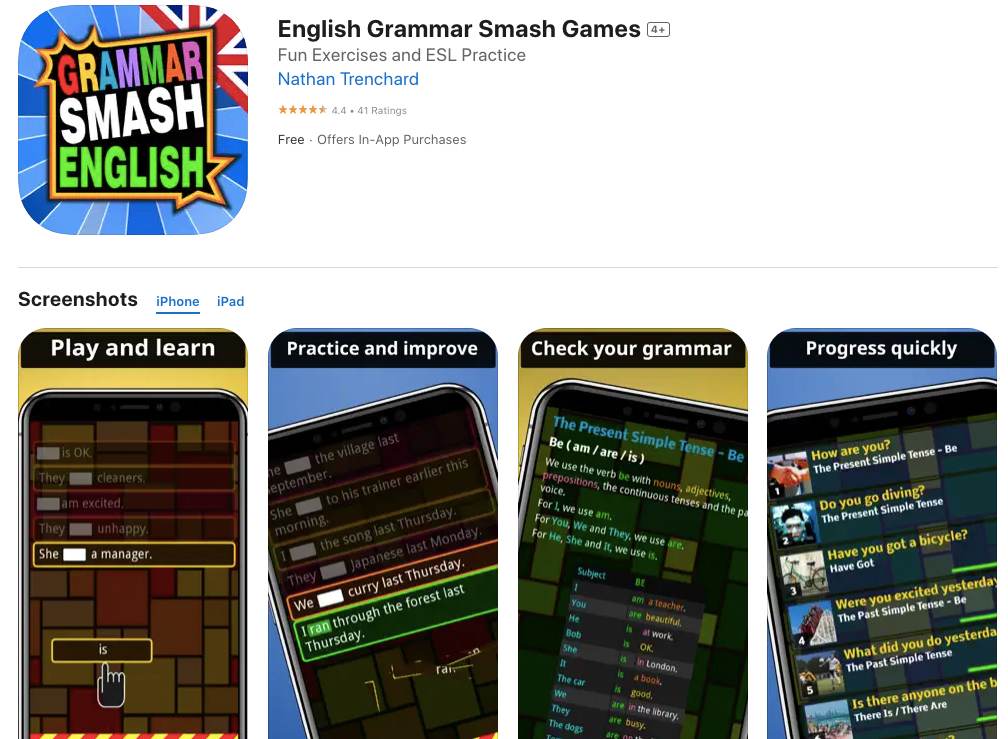 English grammar smash games app screenshot