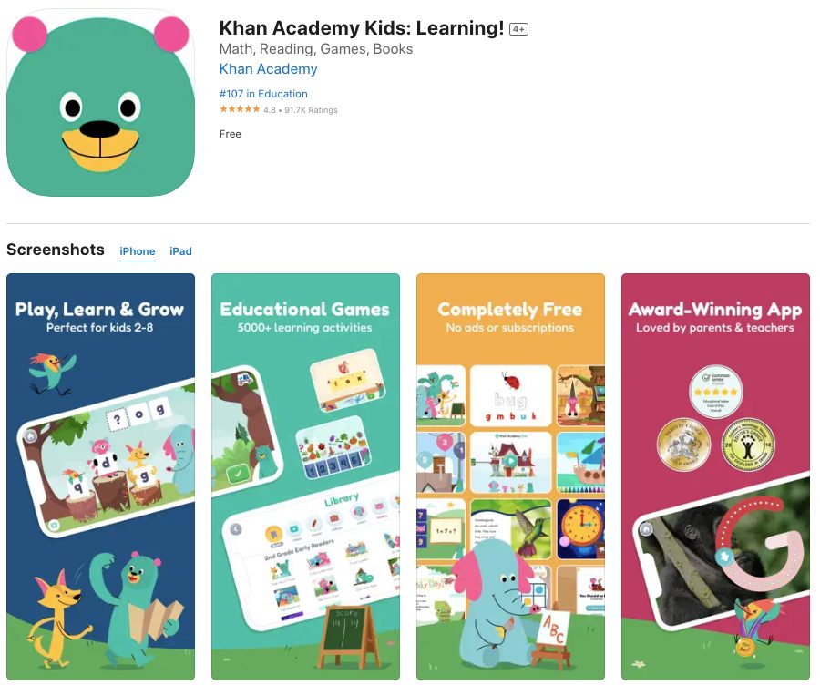 App store page of Khan Academy Kids