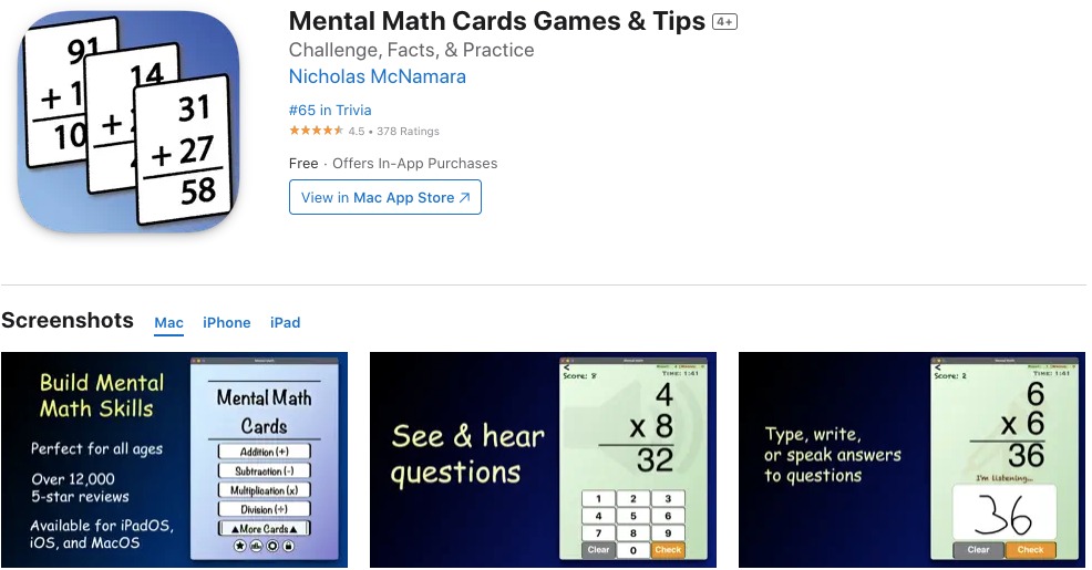 App store page of Mental Math Cards