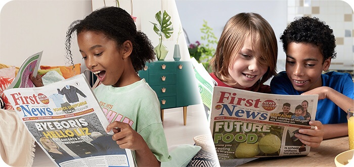 Kids reading newspaper