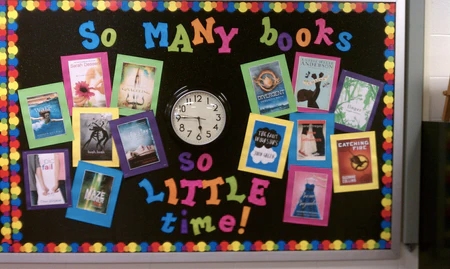 Clock and book themed bulletin board