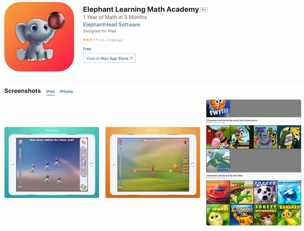 App store page of Elephant learning math academy