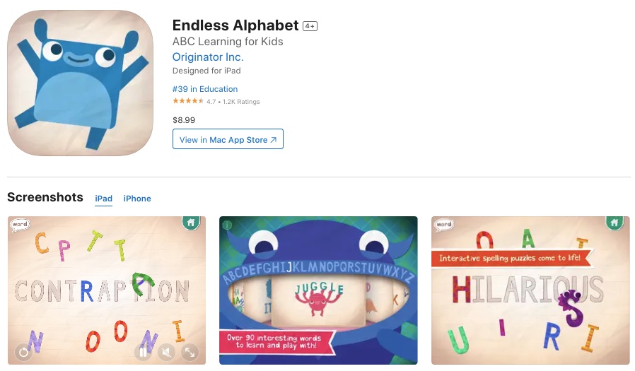 App store page of Endless alphabets