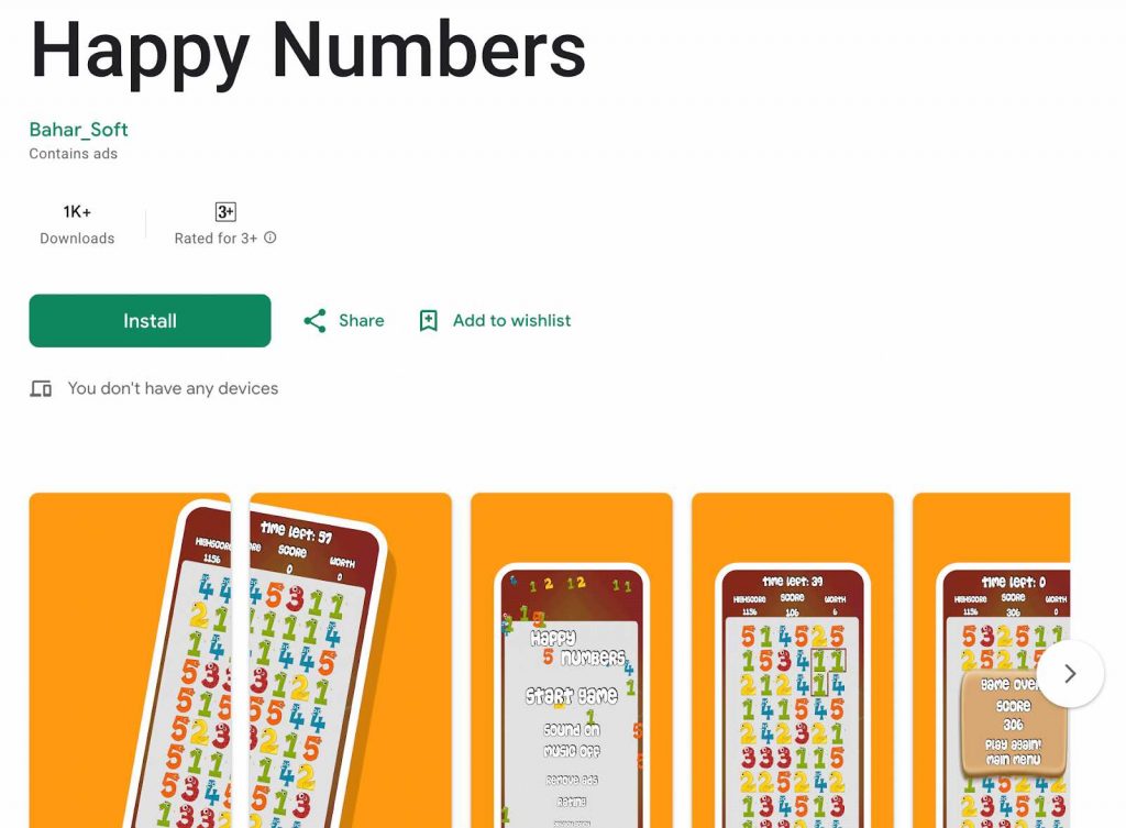 Play store page of Happy Numbers