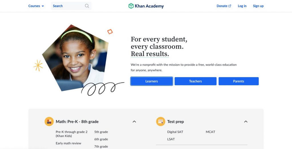 Home page of Khan Academy