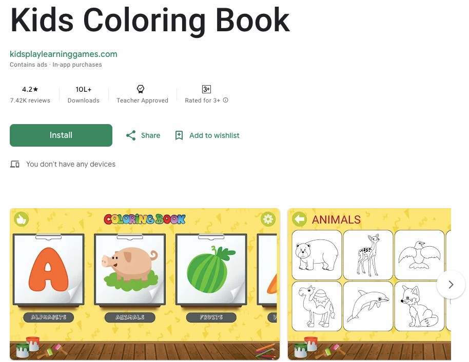 App store page of Kids coloring book