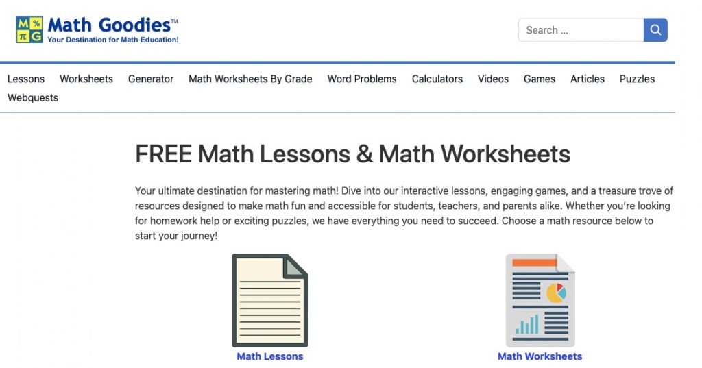 Home page of Math Goodies