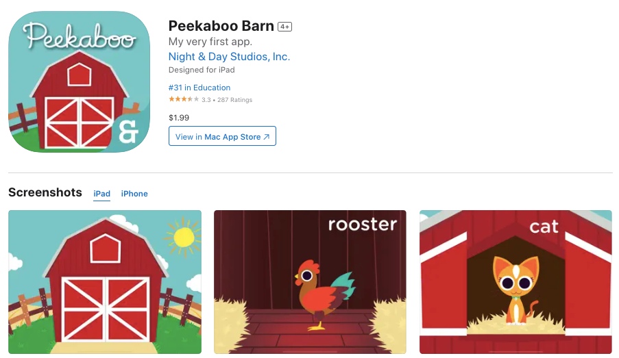 App store page of Peekaboo Barn