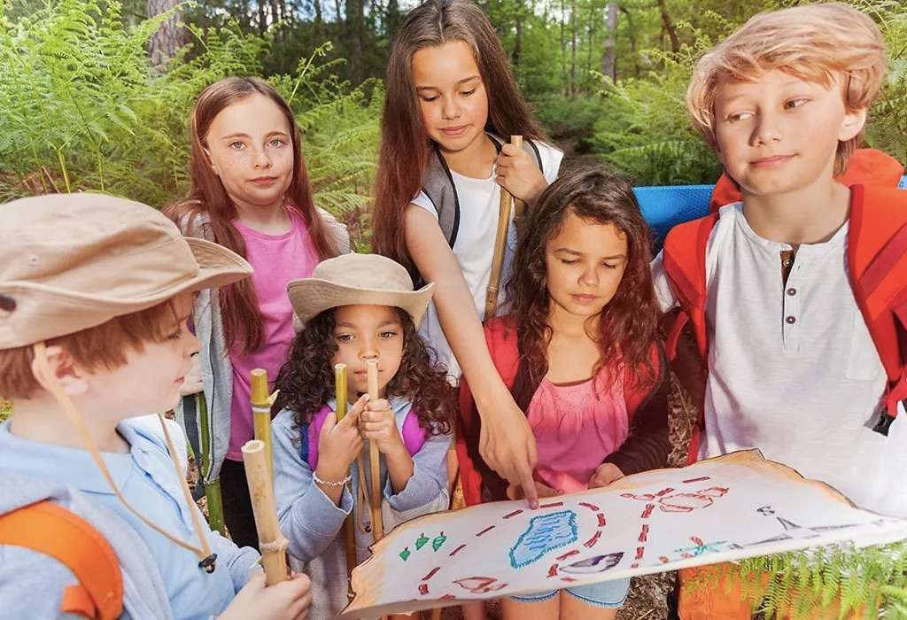 Kids looking at a scavenger map