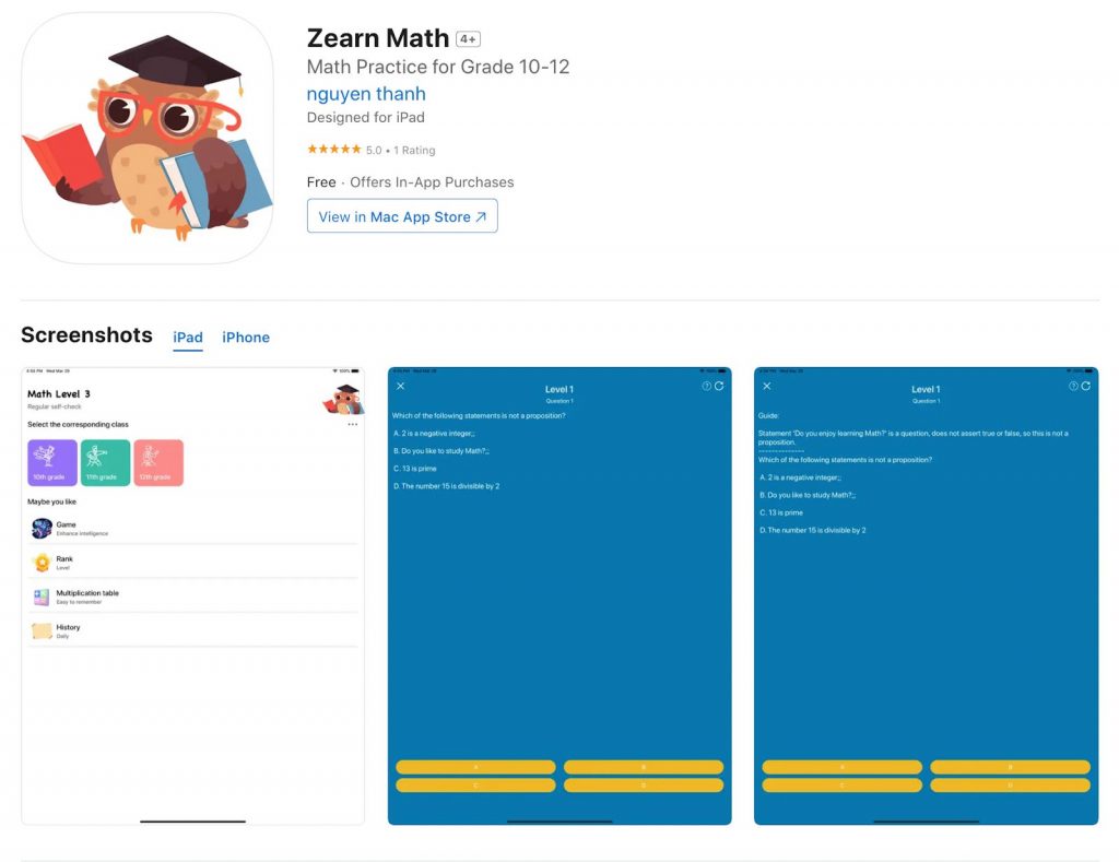 App store page of Zearn Math