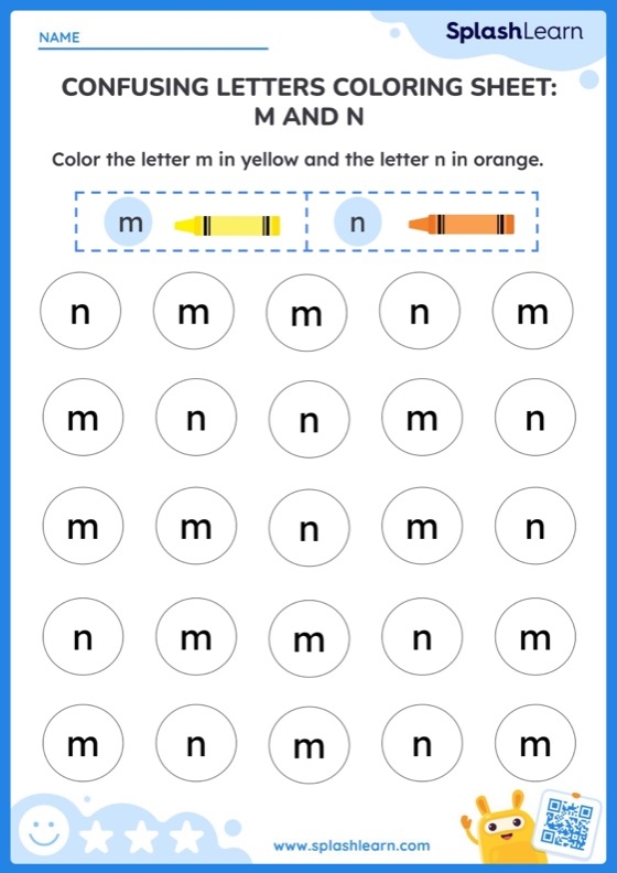 Color Confusing Letters M and N printable worksheet