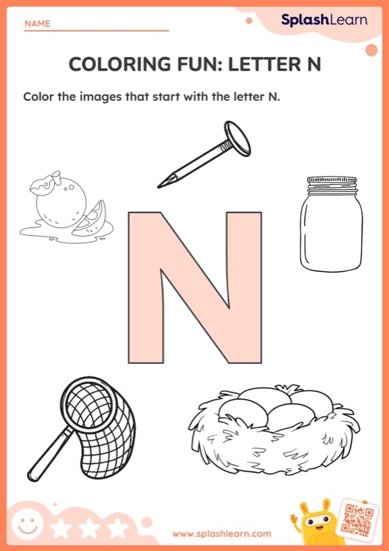 Color the Letter N Words printable activity