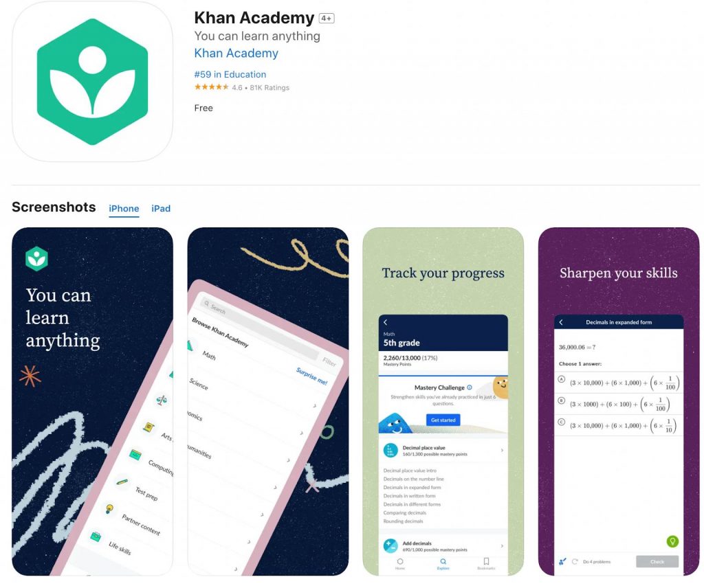 App store page of Khan Academy