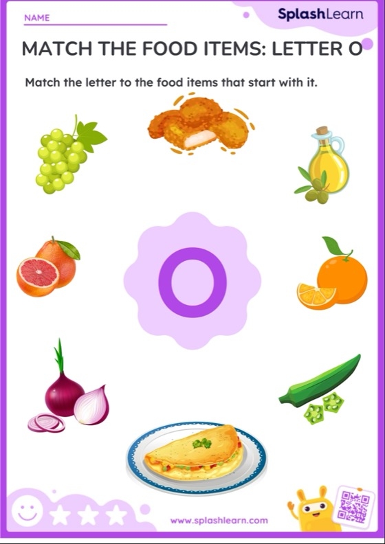 Match the Food Items Start with Letter O Worksheet