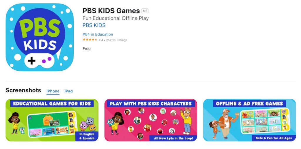 App store page of pbs kids