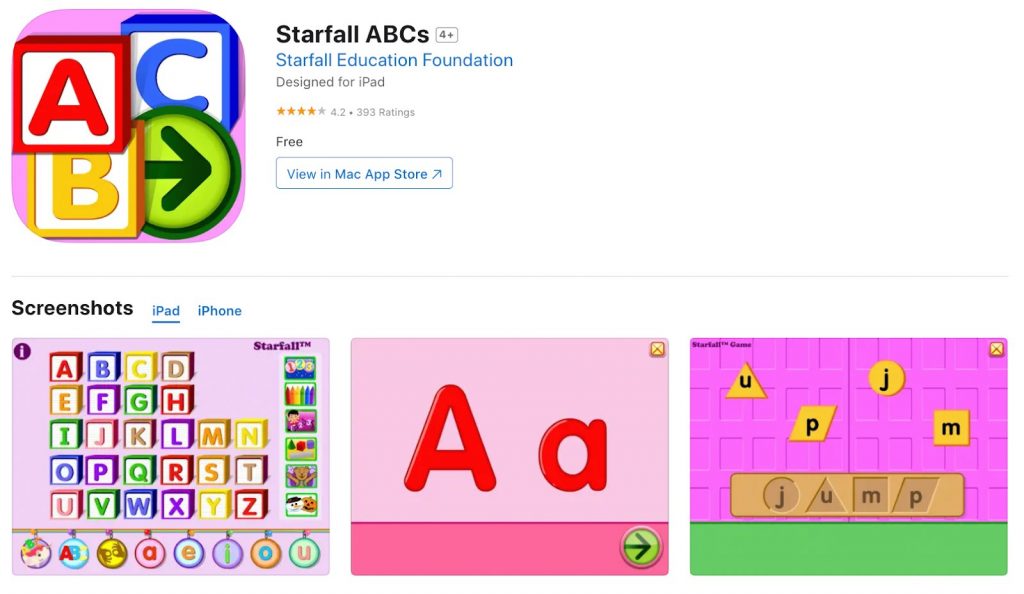 App store page of starfall abcs