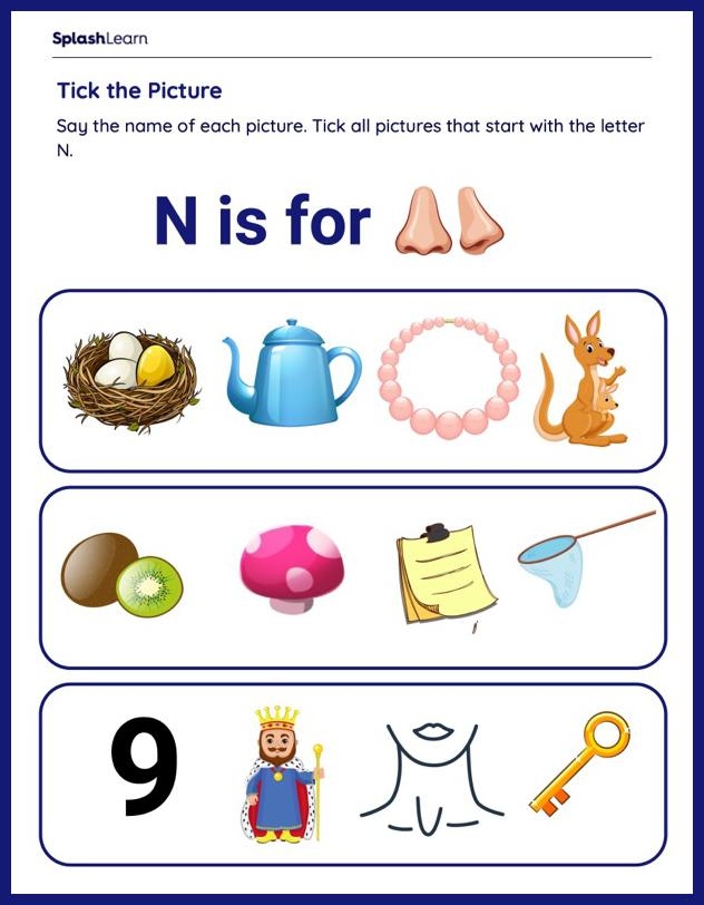 Tick the Letter N Pictures printable activity