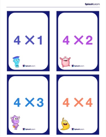 Multiplcation flash card of 4 printable by SplashLearn 