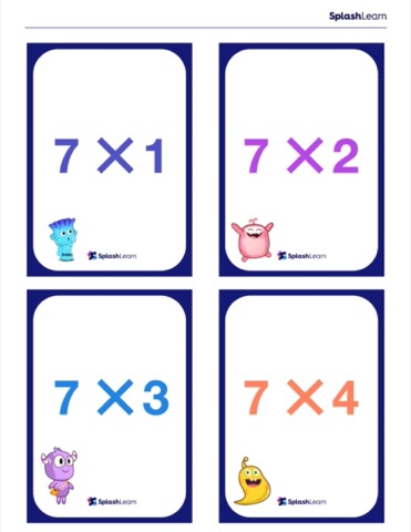 Multiplcation flash card of 7 printable by SplashLearn 